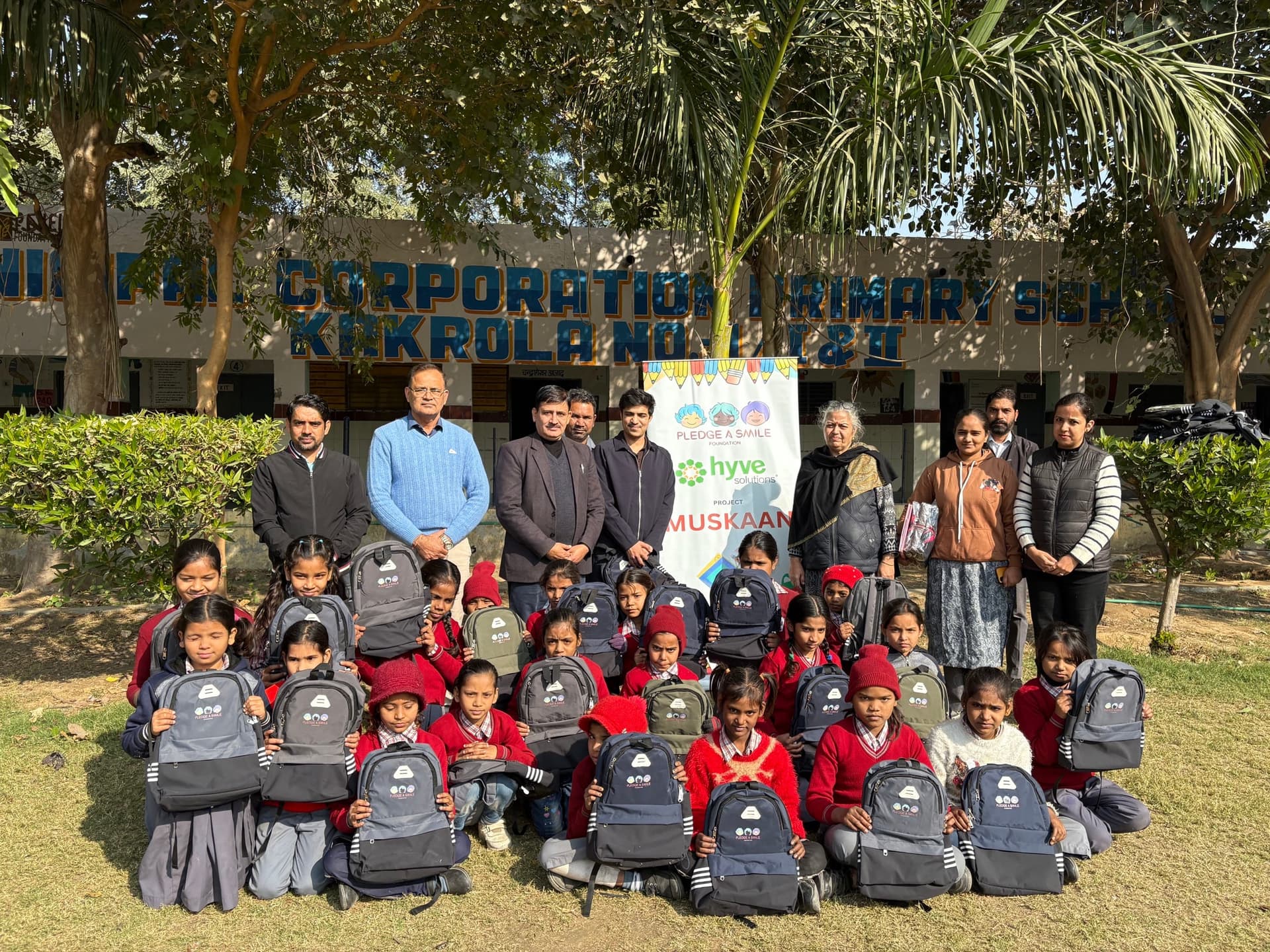 Backpack distribution, MCD Kakrola school, Hyve Solutions CSR banner