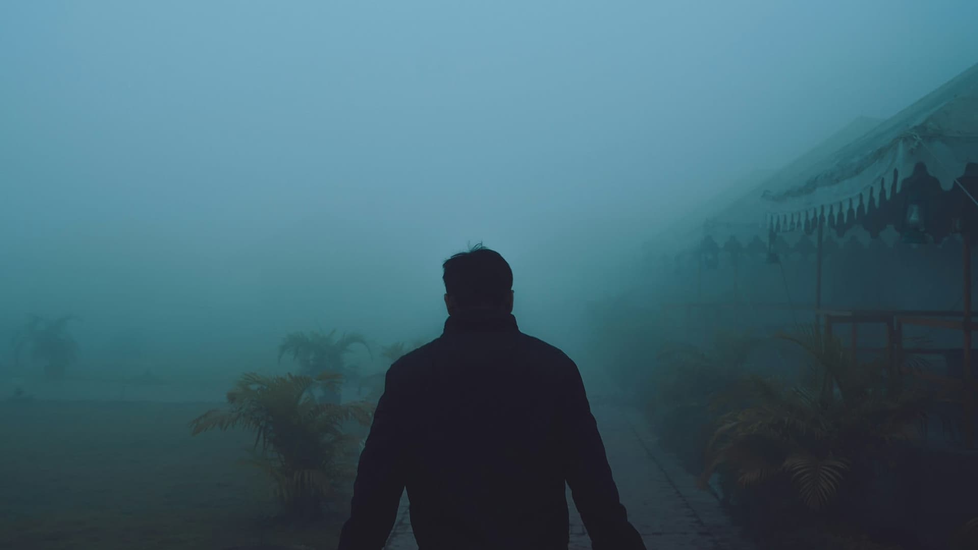 A lone figure standing in dense winter fog, back to camera